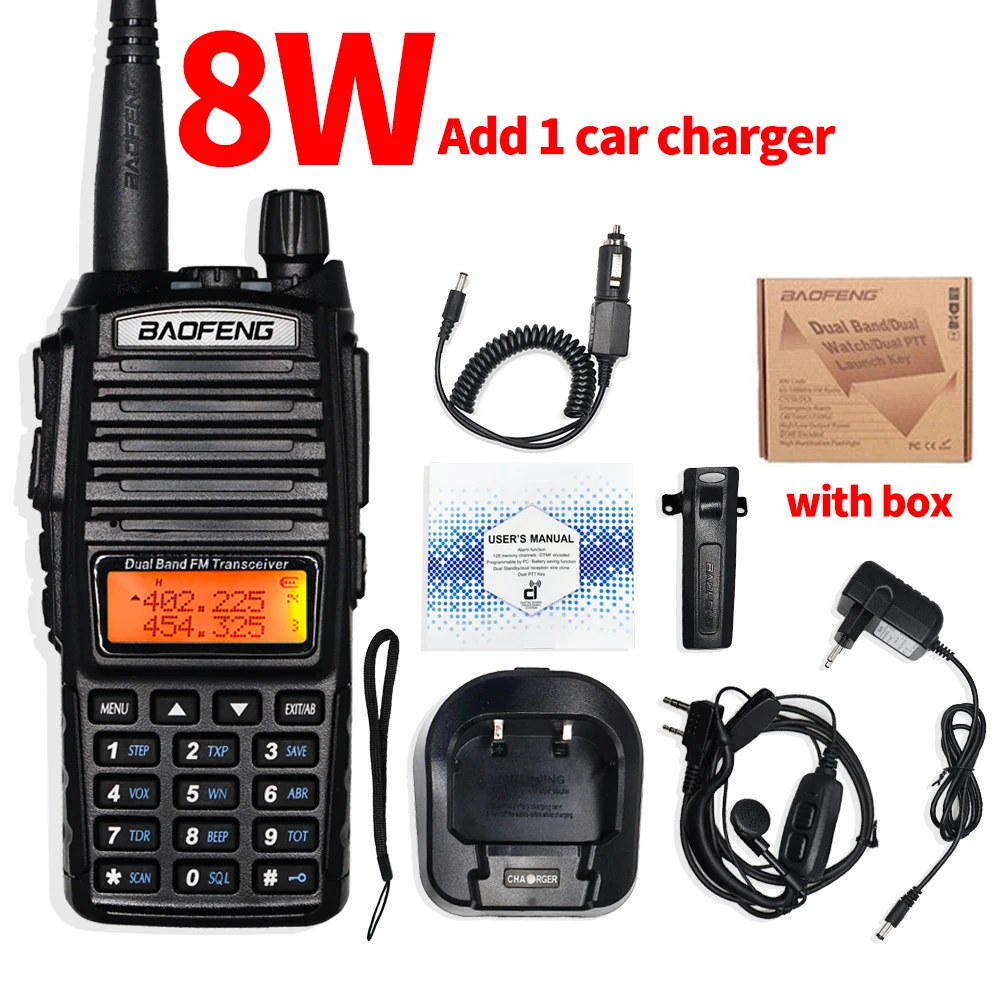 Baofeng UV-82 иди и болтай Walkie Talkie 8 Вт Мощность Портативный двухстороннее радио UV82HP Tri-Мощность двойной PTT Ham CB радио 10 км UV82 охотничий оптический трансивер - Цвет: 8W add 1 car charger