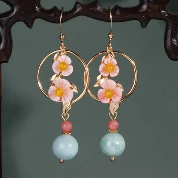 

Farlena origin design Chinese Style Natural Stone Drop Earrings Vintage Ethnic Shell Flower Earrings for Women