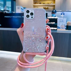 Glitter Crossbody Lanyard Neck Strap Clear Phone Case Cover - SE 2020 - SE 2022 (Pink)