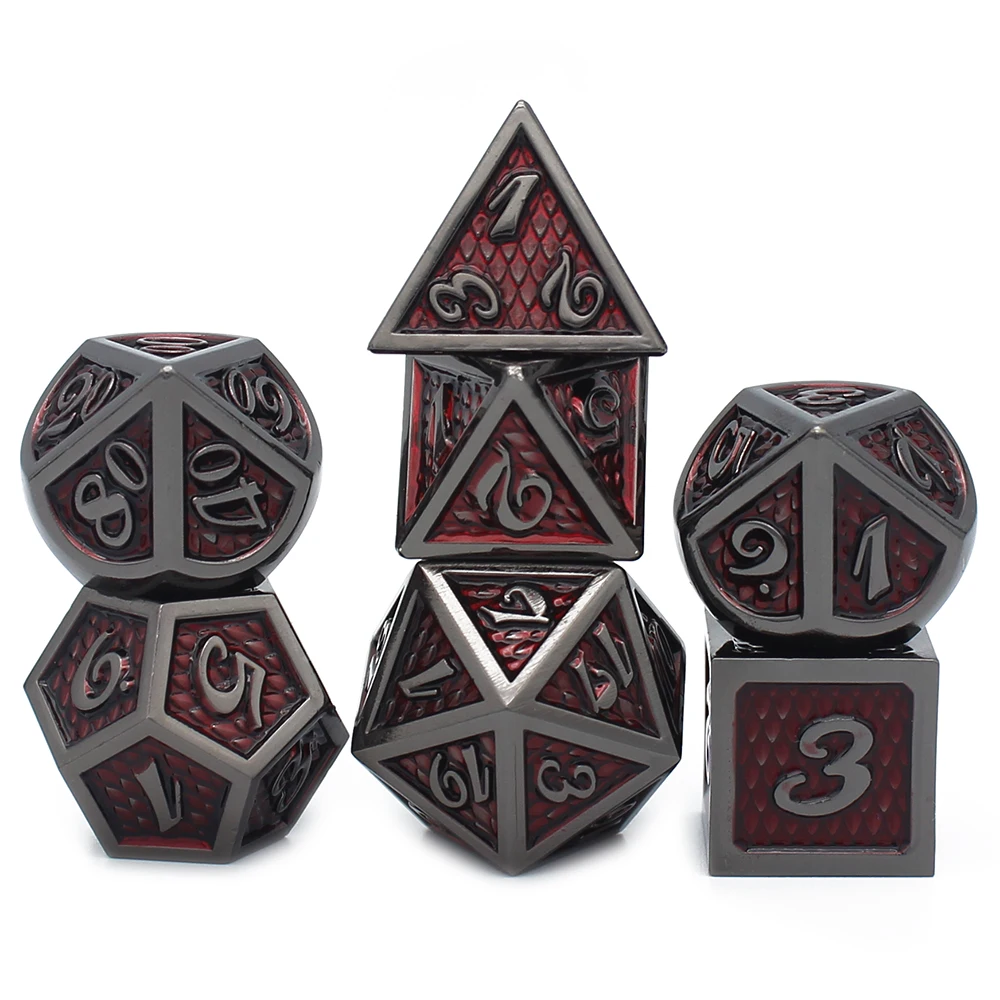드래곤 스케일 스타일 금속 주사위 세트, D & D 벨벳 파우치, D20, D12, D10, D %, D8, D6, D4, DND RPG, 테이블 게임, 7 Pcs, 새로운 디자인