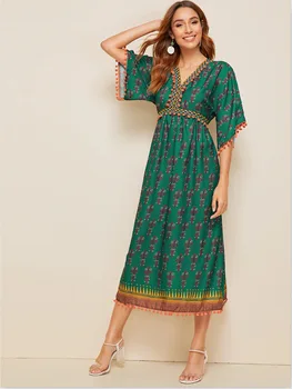

Boho Floral Print Short Sleeve Summer Dress Women Bohemian Flowy Casual Dress V-neck Ruffled Vintage Ladies Holiday Midi Dress