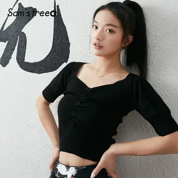 

SAM'S TREE Black Solid Casual Korean Knitted Pullover Sweaters Women 2020 Summer New Chic Button Half Sleeve Ladies Milkmaid Top
