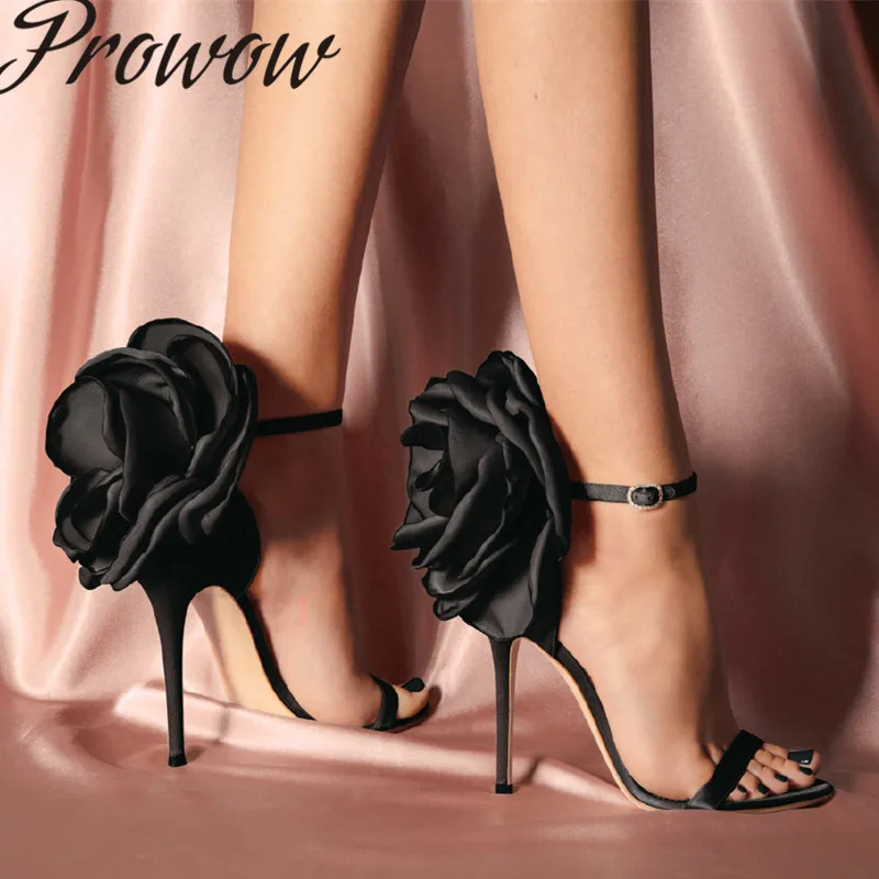 

Prowow New Satin open Toe Buckle Strap Summer Sandals Buckle Strap Big Floral Sexy Fashion Party Sandals Shoes Women