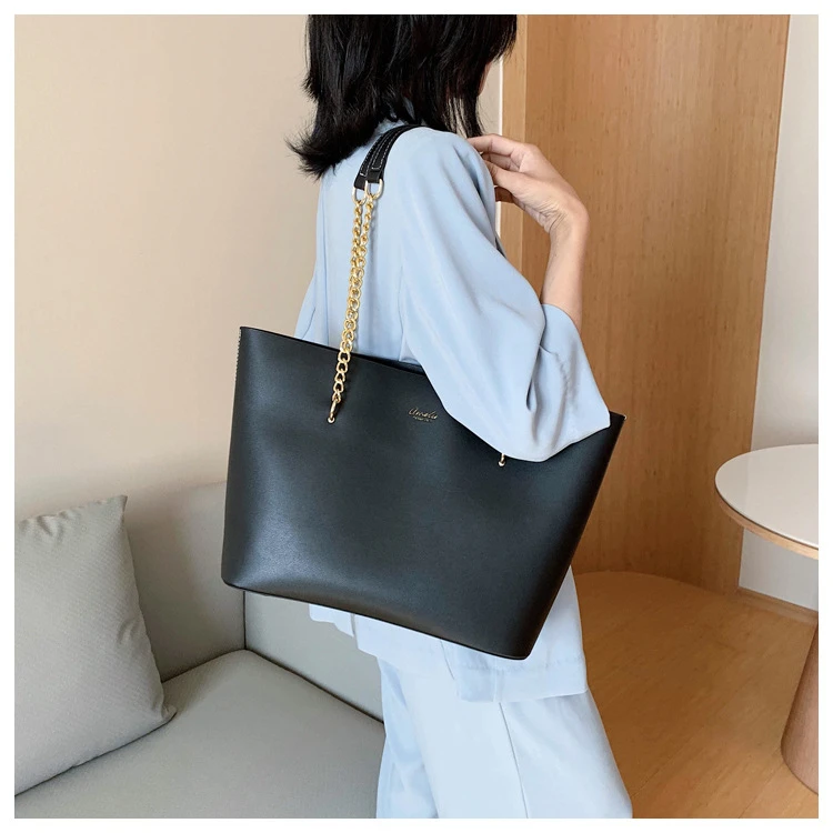 Black Pu Leather Shoulder Bags for Women Handbag Chain Design Large Capacity Tote Bag Luxury Shopper Hand Bag Female Totes New