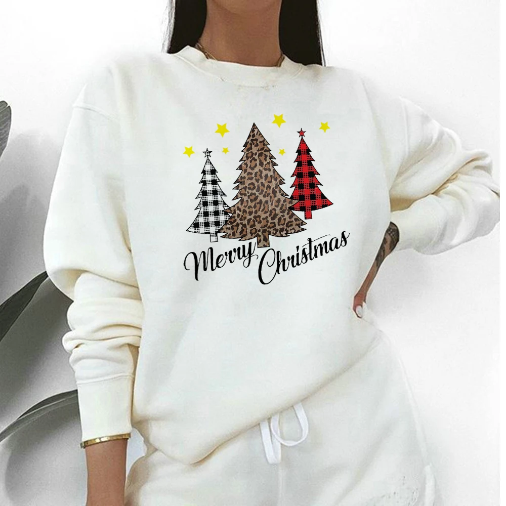 

Merry Christmas Tree Print Women Pullover Oversize O-Neck Long Sleeve Jogging Sweatshirt Winter Warm Designer Clothes Hoodies