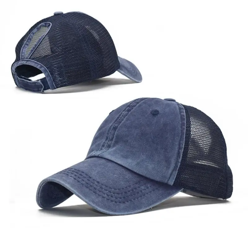 High Ponytail Adjustable Baseball Cap Mesh Trucker Baseball Hat Washed Baseball Cap Ponytail Hats For Men Women Multicolor