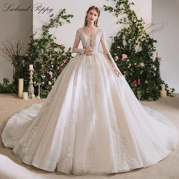 شراءLceland Poppy فاخر A-line الدانتيل فستان الزفاف 2021 الخامس الرقبة كامل الأكمام اللؤلؤ مطرز Vestido De Novia عارية الذراعين زي العرائس