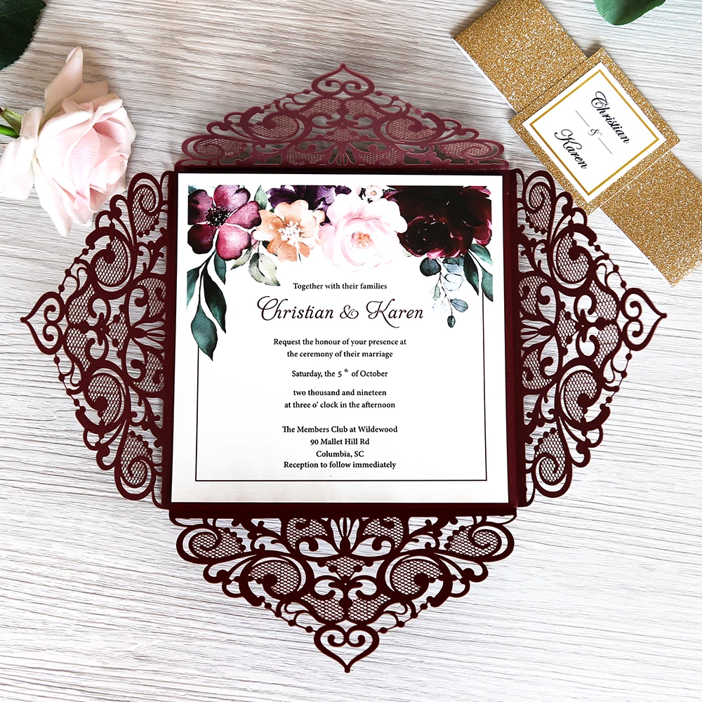  1pcs Burgundy Silver White Gold and Navy Blue Square Wedding Invitations with Gold Band - 4.00035E+12