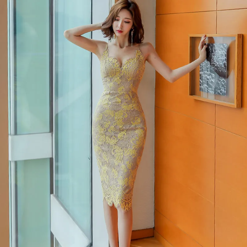 

WOMEN'S Dress 2019 Summer Wear New Products Debutante Elegant V-neck Waist Hugging Sheath Mid-length Lace Strapped Dress