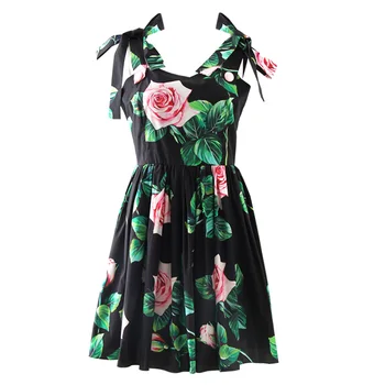 

100% Cotton Dress Red Rose Print Black Holiday Style Sexy Suspenders Woman Dress Elegant Temperament Short Section