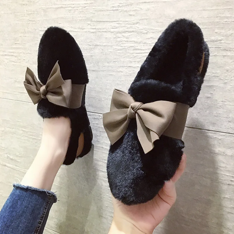 

Loafers Fur Casual Woman Platform Shoes Autumn Round Toe Elegant Slip-on Bow-Knot 2019 Fashion Women's Fall Slip On Summer