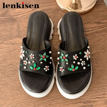 

Lenkisen genuine leather peep toe high heels thick bottom flower rhinestone decorations young lady daily wear sandals women L22