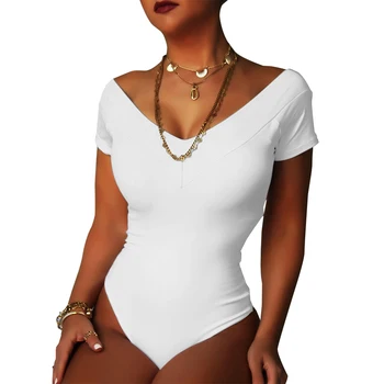 

Casual Solid Basic Bodycon Bodysuit Women Short Sleeve Cotton Body Rompers V Neck White Bodysuits Summer body sexy Bodysuit D30