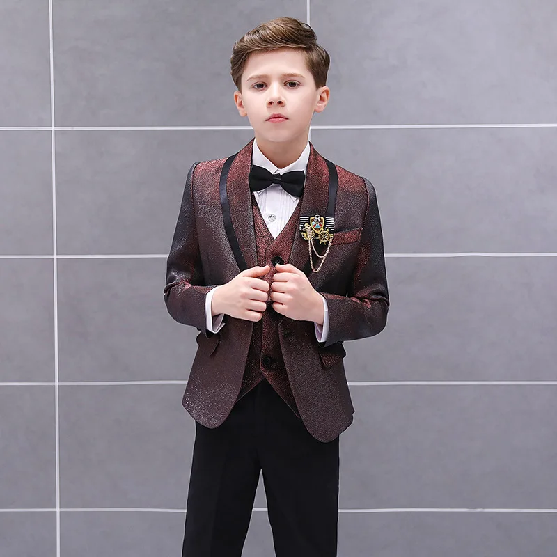 Formal Children's Dress Suit Set Gradient Color Flower Handsome Host Catwalk Wedding Costume Kids Blazer Vest Pants 3pcs Outfit