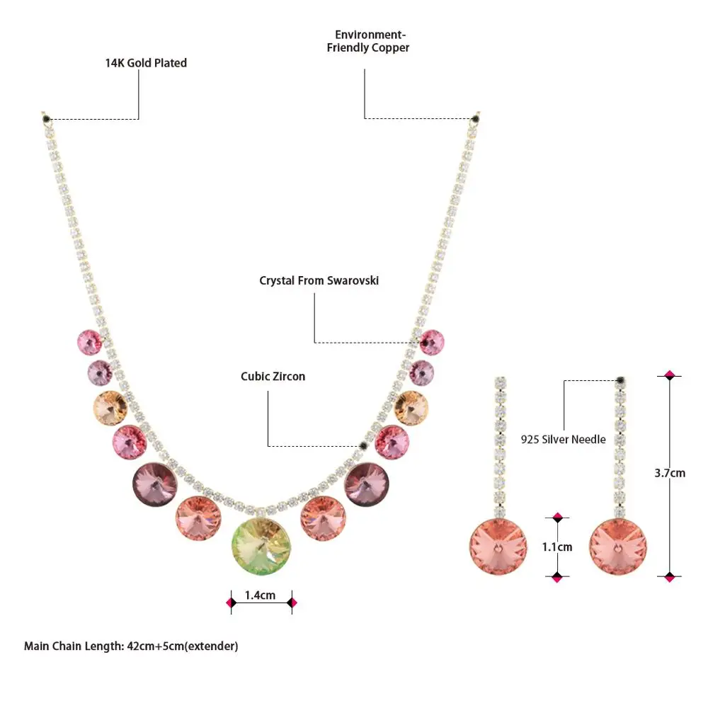 Neoglory Классический роскошный набор из разноцветных кристаллов и фианитов, ювелирное ожерелье и серьги, украшенные кристаллами Swarovski