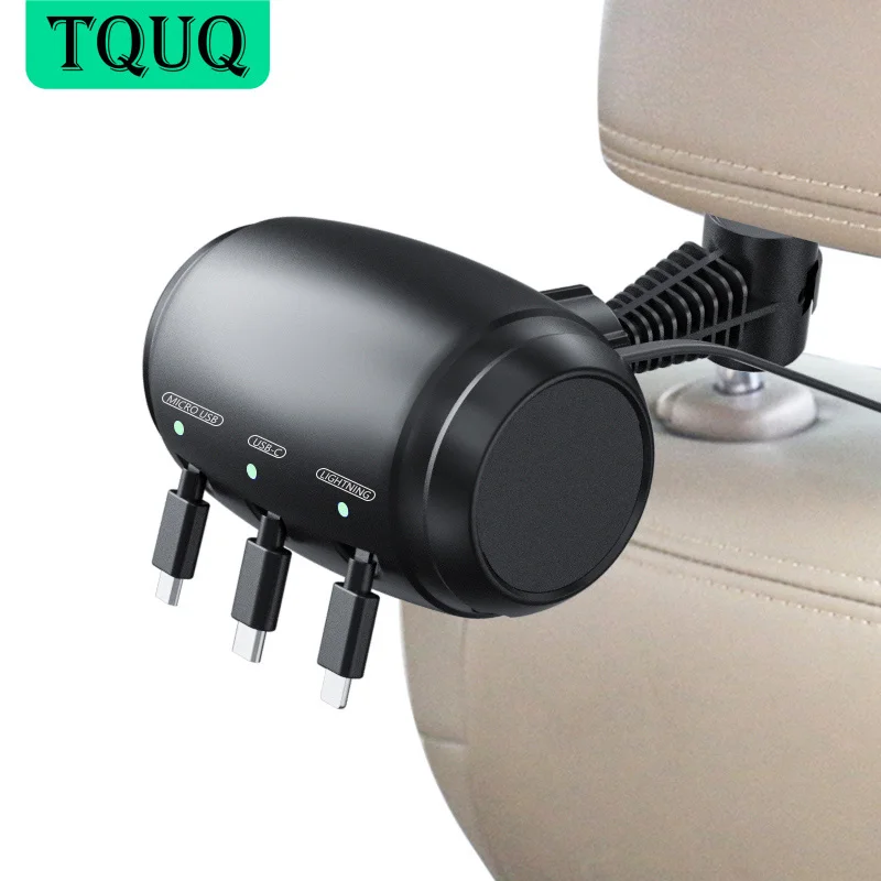 مسند رأس سيارة متعدد TQUQ بمقعد خلفي سلك قابل للسحب 3 في 1 محطة شحن طاقة شاحن سيارة USB لهاتف آيفون وشاومي وهواوي