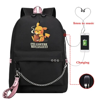 

New Usb Charging Girls Backpacks NO COFFEE NO WORKEE School Bags Teenager PIKACHU Travel Laptop Backpack Women Knapsack Bag