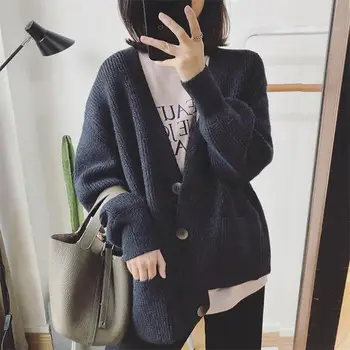 

New knit cardigan jacket horn buckle coat in the long sweater coat female loose knit cardigan women