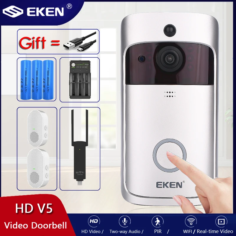 EKEN-videoportero inteligente V5, intercomunicador con WIFI, timbre para puerta de teléfono, cámara de seguridad inalámbrica con alarma IR