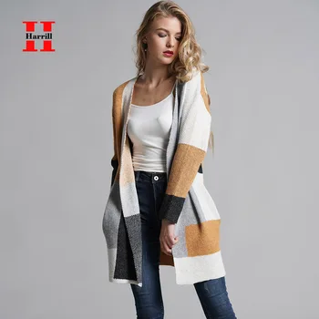 

Long Cardigan Sweater Women Plaid Knitted Sweaters Female Long Sleeve Loose Pockets Outwear Office Lady Shawl Sweater Outerwear