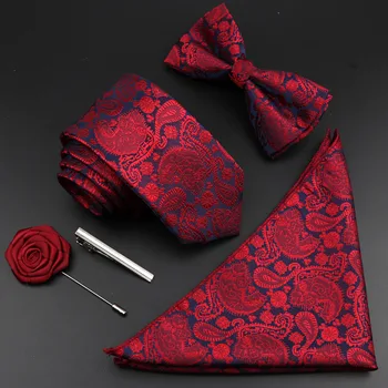 New Solid Color Silk Men Tie Set Polyester Jacquard Woven Necktie Bowtie Suit Vintage Red Blue