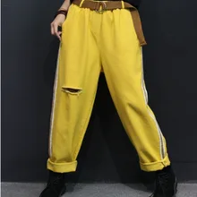 Весна Осень Джинсы женские ретро большие размеры свободные джинсы новые эластичные талии карман отверстие винтажные повседневные брюки уличная