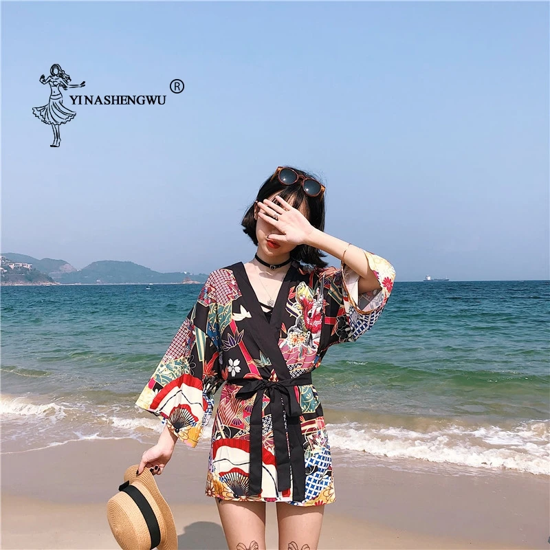 Yukata женский кимоно кардиган Япония Кимоно Одежда Азия летняя рубашка с принтом рыбы Топ повседневные кимоно Kawaii кимоно костюм для косплея