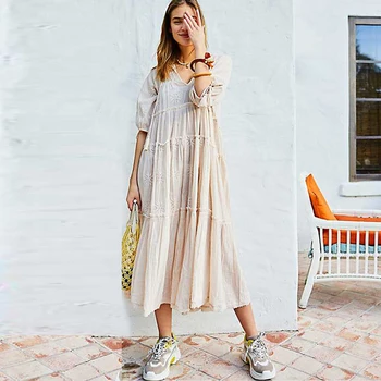 

TEELYNN A-line loose Midi Dress tunic vintage cotton floral embroidery Boho v-neck tassel summer women dresses casual vestidos