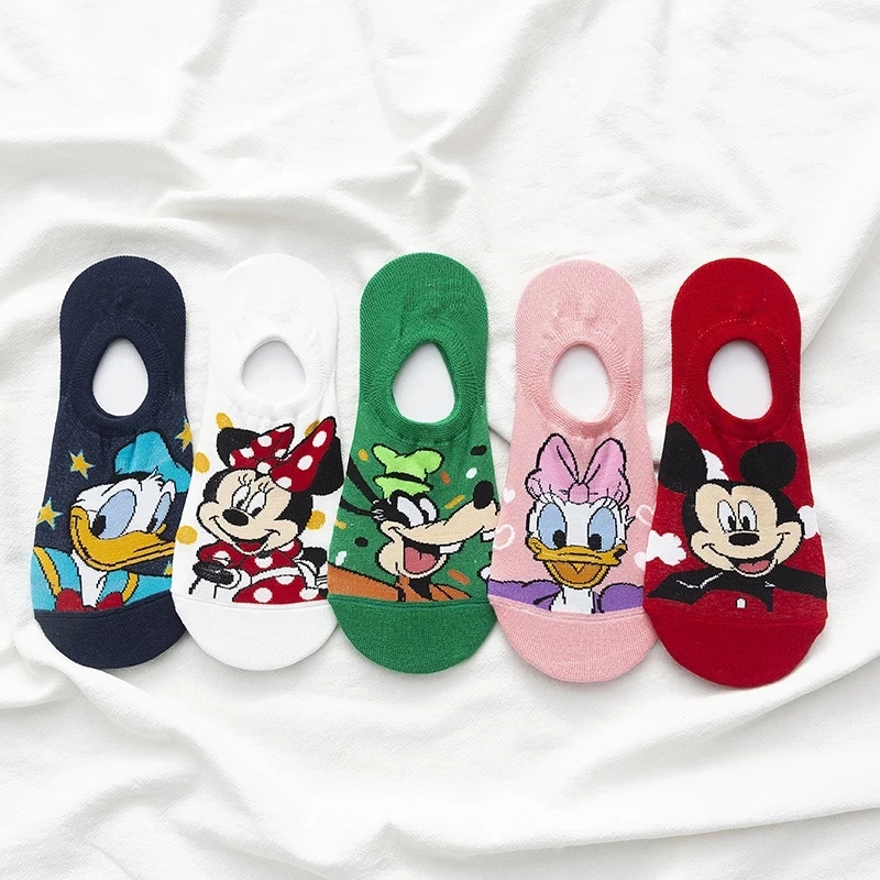 Women Socks 10pc = 5 pairs Mickey mouse Cartoon Summer Invisible cotton Ankle Socks Size 35-41
