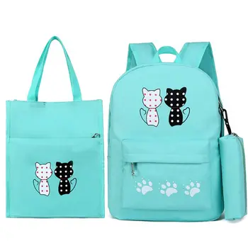 

3Pcs/Set Cute Cat Backpack Travel Canvas Student Rucksack Laptop Daypack Handbag Pencil Case for College Teenager