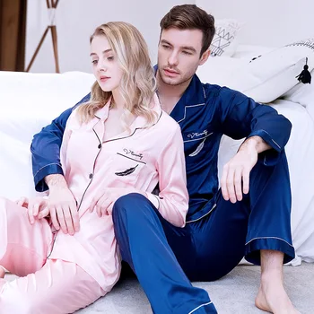 

Turn Down Collar Home Clothing Lovers Solid Nightwear Sleep Set 2PCS Rayon Pajamas Pijamas Suit Satin NEW Couple Sleepwear