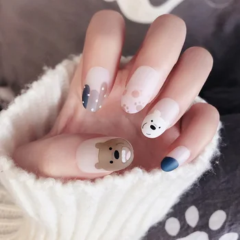 

High Quality Full Cover Medium Length Round Head fake press on nails Cute White Color Bear Shape false nails for girls with glue