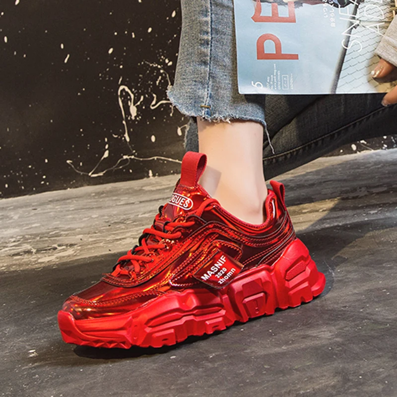 

Women Chunky Sneakers 2020 Spring Latest Fashion Patent Leather Laser Shoes Platform Sneakers Thick Sole Casual Shoes Woman