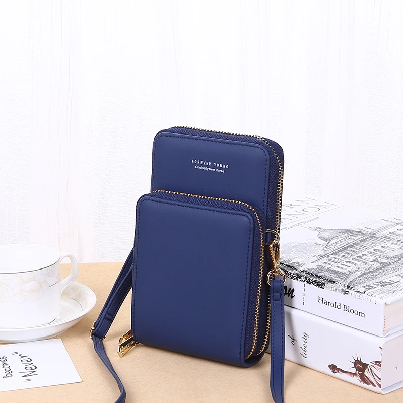new wallet Korean version of the fashion large capacity oblique cross-pack solid color multifunctional mobile phone bag fem - Цвет: Синий