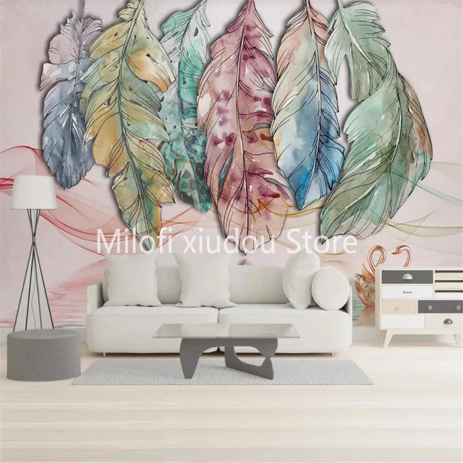 Milofi custom 3D wallpaper mural European simple abstract watercolor feather line swan living room background wall decoration pa |