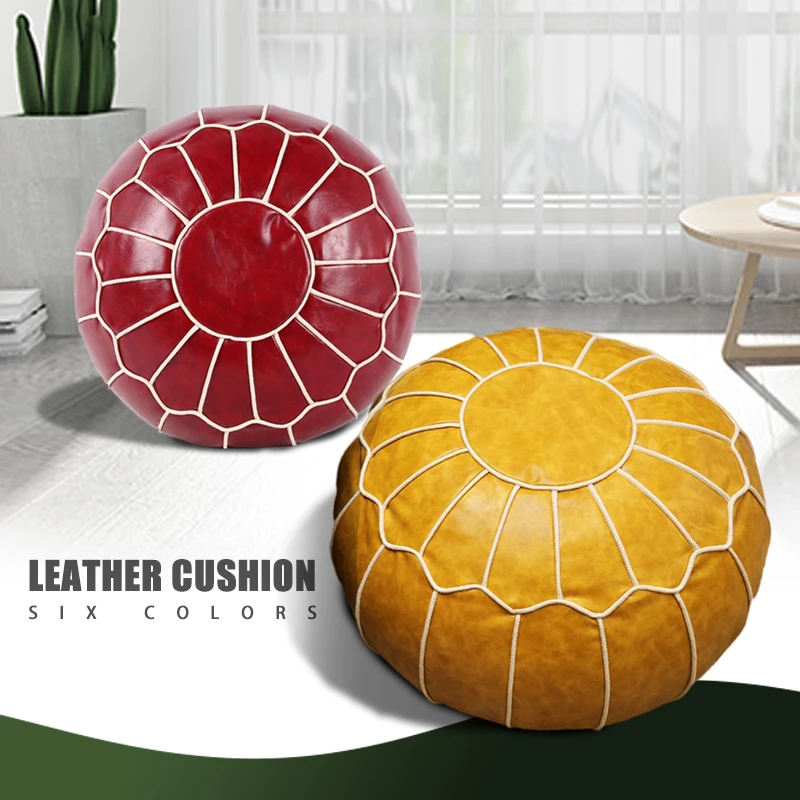 55cm Moroccan PU Leather Pouf Cover Round Seat Unstuffed Ottoman Footstool Cushion Home Carpet Tatami Craft Floor Futon Mat