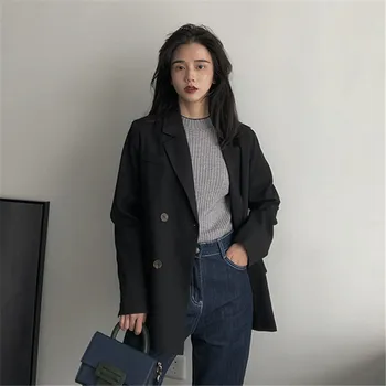 

2020 New Spring Autumn Blazer Casual Black Loose British Wind Suit Jacket Women Coats Double-breasted Outerwear XA398
