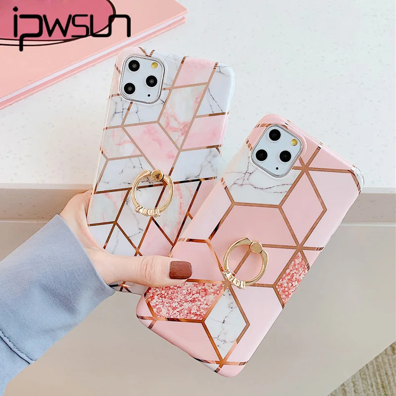 iPWSOO IMD Marble Soft Phone Case For iPhone 11 Pro Max X XR XS Finger Ring Holder for iphone 8 7 6 6s Plus Stone Cover |