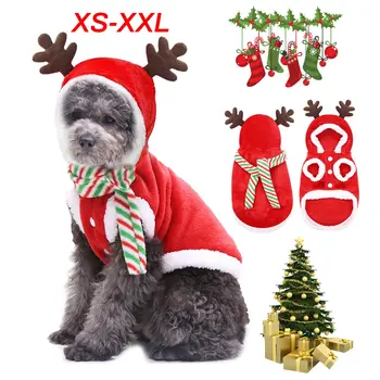 

Christmas Pet Puppy Outfit Winter Xmas Santa Reindeer Dog Costume Cat Hoodie Clothes Red Coat Dress Up Soft Flannel