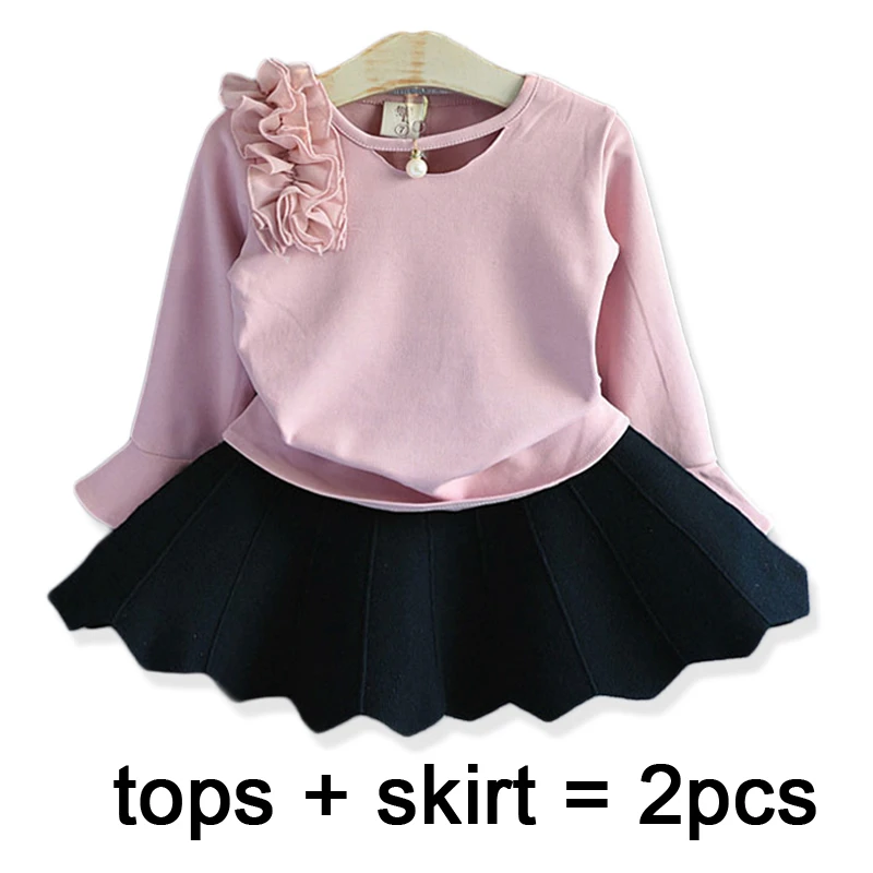 Autumn New For The Girl's Clothes Suit Long-sleeved Shirt Skirt 2 Piece Suit Pearl Flower Child's Clothes Flare Sleeve Suit - Цвет: pink set 309285