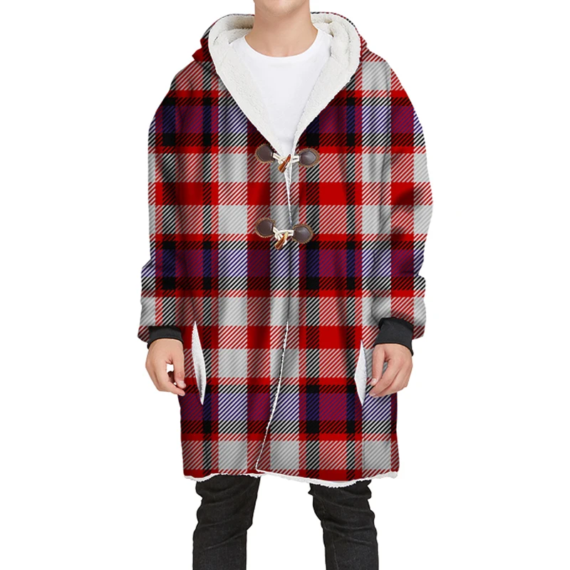 YOUTHUP New Winter Mens Long Velvet Hoodies 3D Different Plaid Printing Hooded Pullovers Thick Hoodies Streetwear