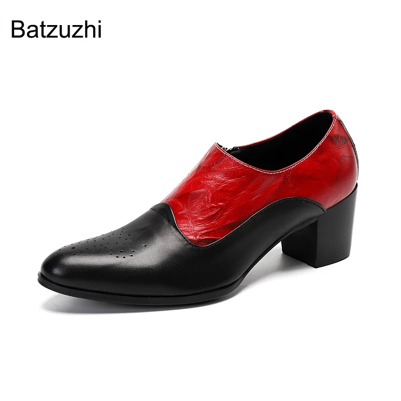 

Batzuzhi Japanese Style Fashion Men's Shoes Zip Soft Leather Dress Shoes Men Black Red 7cm High Heels Party and Wedding Zapatos