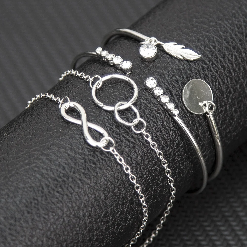 Распродажа 4 шт./компл. в богемном стиле серебристый лист кристалл опал браслет набор для Для женщин в стиле панк, бохо пляжные браслет, ювелирное изделие, подарок