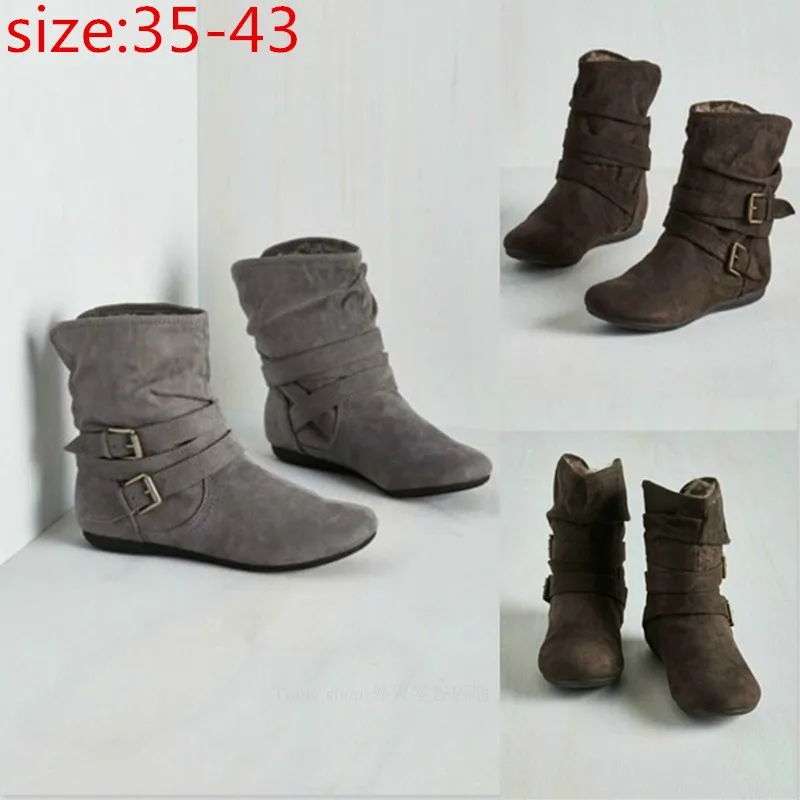 

Winter Women Boots Solid Flat Shoes Combat Riding Ankle Boots Lady Fashion Casual Warm Bootie Plus Size 35-43