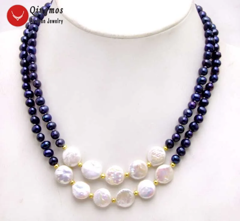 Qingmos 6-7mm Round Natural Black Pearl Necklace for Women with 12-13mm Coin Round White Pearl Pendant Necklace 2 Strand 17-18''