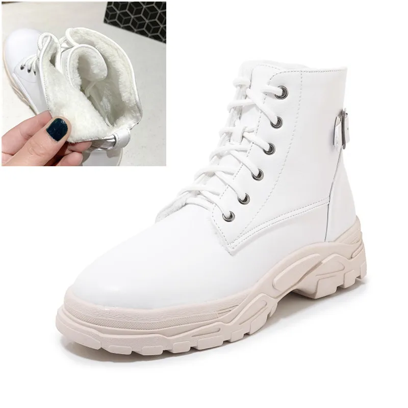 PXELENA ботинки; сезон осень-зима; женская обувь; удобные кроссовки на плоской платформе со шнуровкой и пряжкой; цвет черный, белый; большие размеры 34-45 - Цвет: White Winter