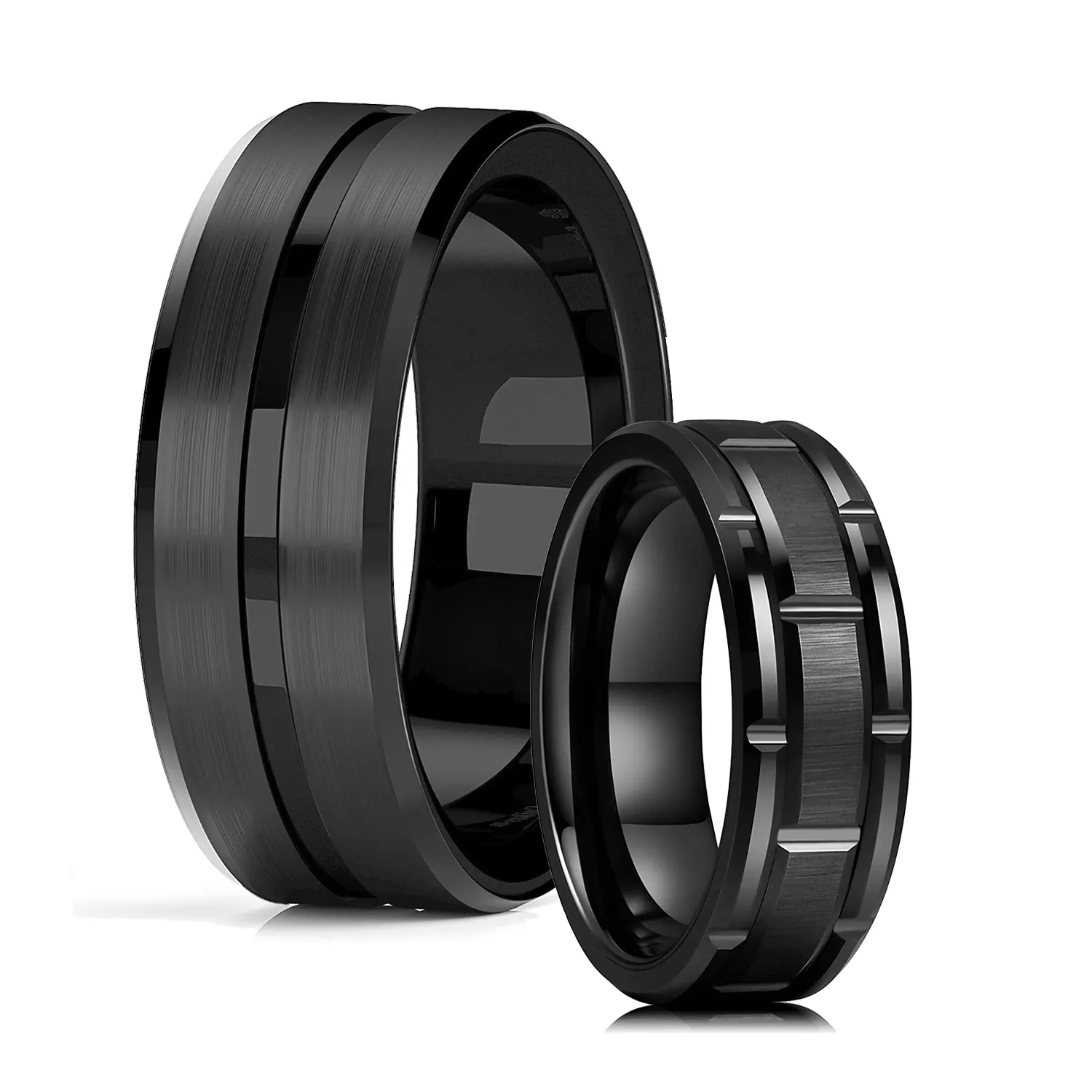 Classic Men’s 8mm Black Tungsten Wedding Rings Double Groove Beveled Edge Brick Pattern Brushed Stainless Steel Rings For Men