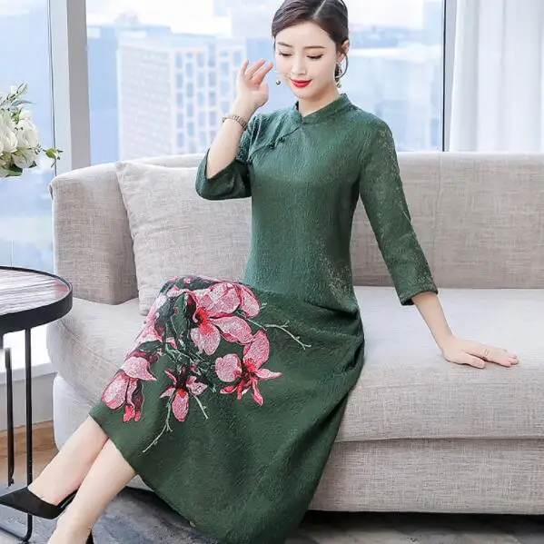 Женское платье большого размера, M-4XL, весна, Ретро стиль, cheongsam, платье с принтом, свободное платье, высокое качество, элегантное платье, DV635