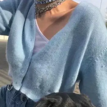 

Autumn Winter Harajuku Knitted Short Sweater Button Steetwear Solid Single-Breasted Cropped Cardigan V-Neck Loose Sweater