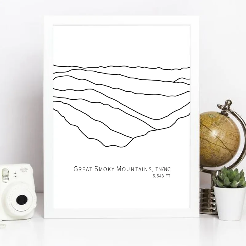 

Black and White Minimalist Poster Great Smoky Mountains Line Drawing Picture Wall Art Canvas Painting Prints Hiking Decor Gift